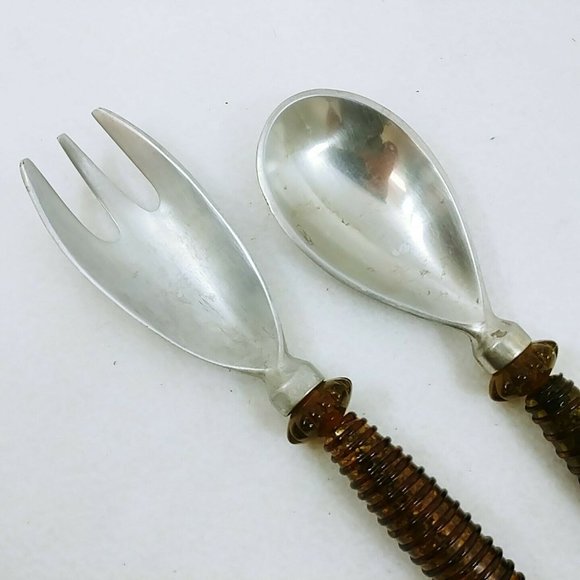 Salad Fork Spoon Amber Plastic Handle Glitter Interior Aluminum Ends Retro Vtg - Picture 2 of 9